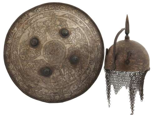 AN INDO-PERSIAN DHAL SHIELD SNA KHULA-KHUD HELMET, 19TH C.