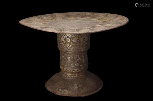 LARGE COPPER TRAY STAND WITH GILDED SILVER AND GOLD FIGURES