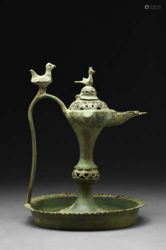 SELJUK BRONZE OIL LAMP WITH BIRDS