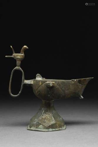 SELJUK BRONZE OIL LAMP WITH BIRD