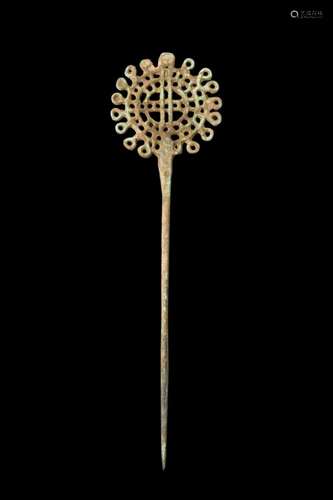 WESTERN ASIATIC BRONZE OPENWORK PIN WITH A CROSS MOTIF