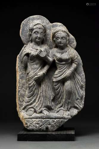 GANDHARAN SCHIST RELIEF PANEL WITH PANCHIKA AND HARITI