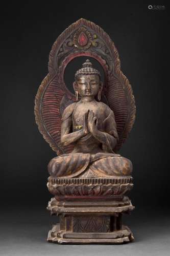 CHINESE WOOD BUDDHA WITH AUREOLE