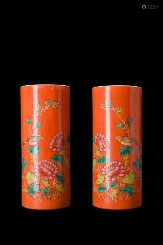 PAIR OF CHINESE RED GLAZED PORCELAIN BRUSH WASHERS