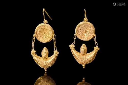 HELLENISTIC GOLD PAIR OF FILIGREE EARRINGS WITH SIRENS ON BO...