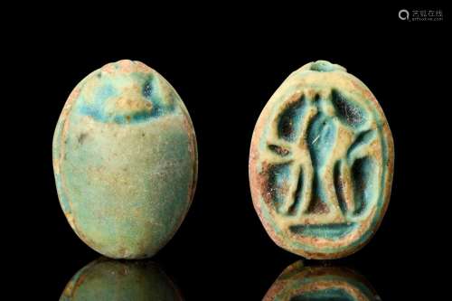 EGYPTIAN GLAZED STEATITE SCARAB WITH WEDJAT-EYE