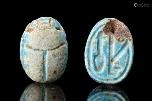 EGYPTIAN BLUE GLAZED STEATITE SCARAB INSCRIBED TO AMUN