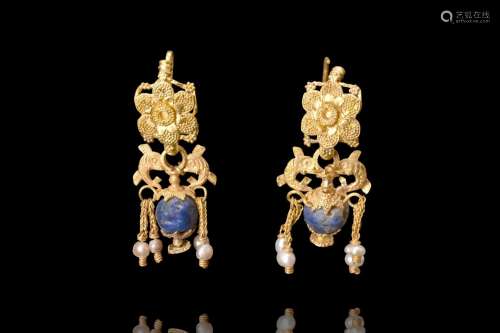 HELLENISTIC GOLD PAIR OF FILIGREE EARRINGS WITH DOLPHINS