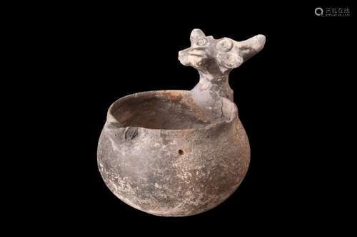 ETRUSCAN TERRACOTTA VESSEL WITH ANIMAL HEAD