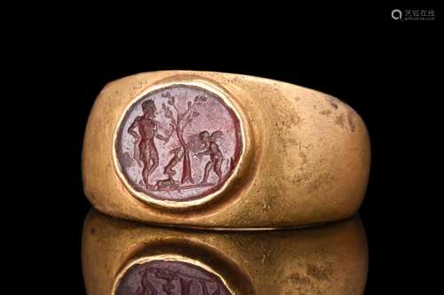 ROMAN GOLD RING WITH INTAGLIO SCENE - CUPID, GOAT AND HERCUL...