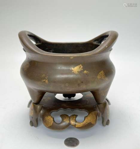 A rare Chinese bronze censor with stand, unkown mark, Ming D...