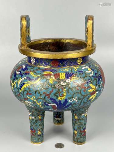 A Chinese bronze cloisonne tripodia censor, marked, Ming Dyn...