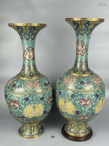 A pair of Chinese bronze cloisonne vases, marked, Ming Dynas...