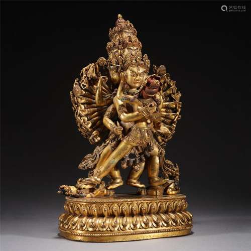 AN EXTREMELY RARE TIBETAN BRONZE-GILT HEVAJRA