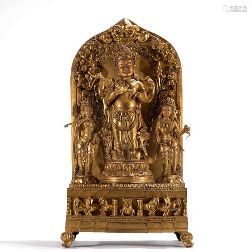 AN EXCEEDING RARE TIBETAN BRONZE-GILT MAHAKALA