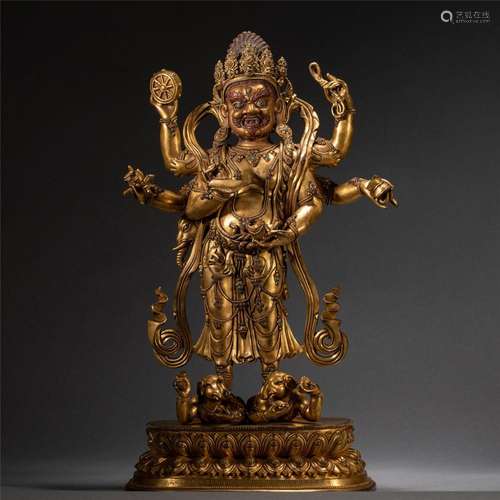 A VERY RARE SINO-TIBETAN BRONZE-GILT SIX-ARMS MAHAKALA