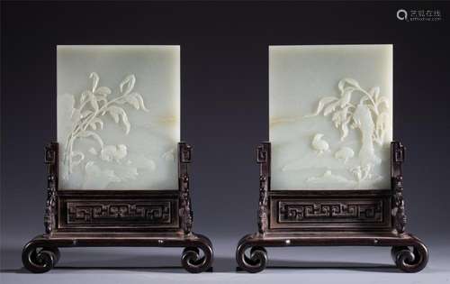 PAIR FINE CHINESE CARVED WHITE JADE TABLE SCREENS