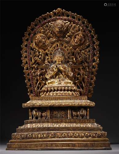 A MAGNIFICENT TIBETAN BRONZE-GILT MANJUSRI