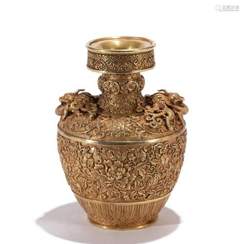 A CHINESE BRONZE-GILT PEONY SCROLLS VASE