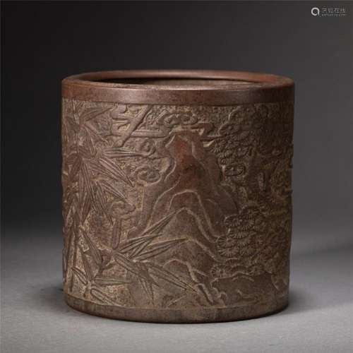 A CHINESE CARVED YIXING GLAZE ZISHA BRUSHPOT