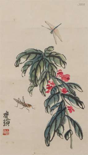 A CHINESE PAINTING OF FLOWERS SIGNED QI BAISHI
