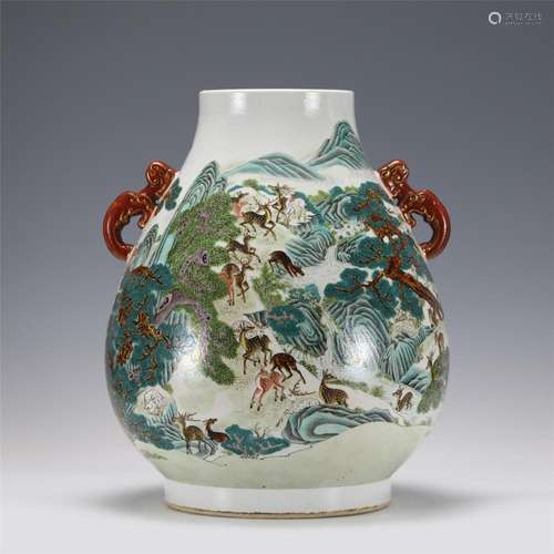 A FAMILLE ROSE PORCELAIN HUNDRED DEERS ZUN VASE