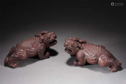 PAIR CHINESE YIXING GLAZE ZISHA MYTHICAL BEASTS PAPER WEIGHT...