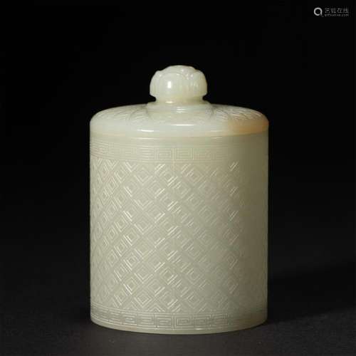 A CHINESE CARVED WHITE JADE VESSEL WITH JAR