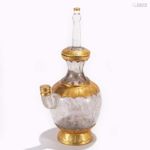 A CHINESE BRONZE MOUNTED ROCK CRYSTAL HOLY WATER VASE