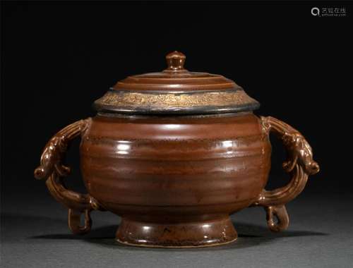 A CHINESE AUBERGINE GLAZE CENSER WITH DOUBLE HANDLES