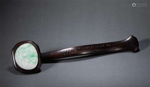 A CHINESE JADEITE INLAID ROSEWOOD RUYI SCEPTER