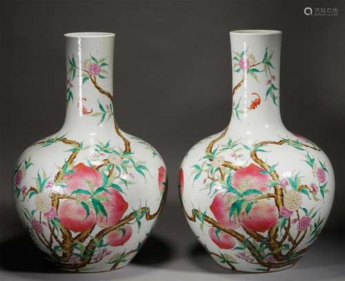 PAIR CHINESE FAMILLE ROSE PEACHES GLOBULAR VASES