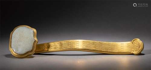 A CHINESE JADE INLAID BRONZE-GILT RUYI SCEPTER