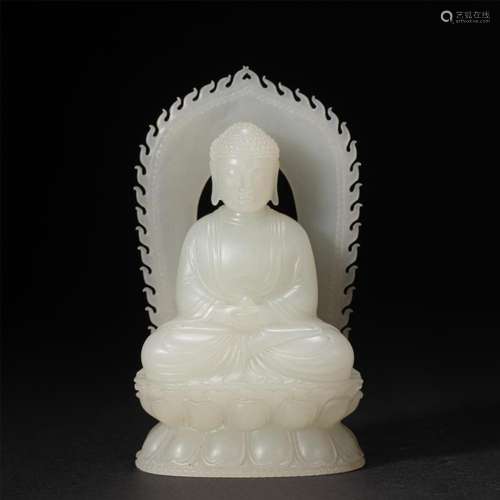 A CHINESE CARVED WHITE JADE AMITABHA