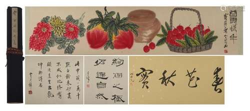 A CHINESE PAINTING OF FLOWERS AND FRUITS SIGNED QI BAISHI