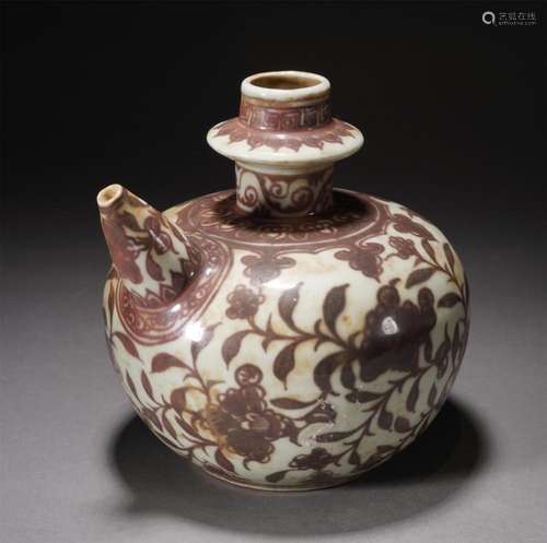 A CHINESE COPPER RED FLOWER SCROLLS EWER