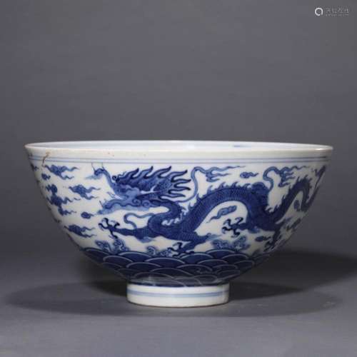 A CHINESE BLUE AND WHITE DRAGON BOWL