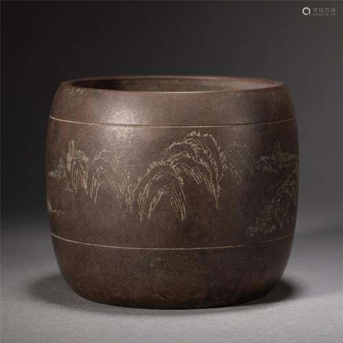 A CHINESE INCISED YIXING GLAZE ZISHA BRUSHPOT