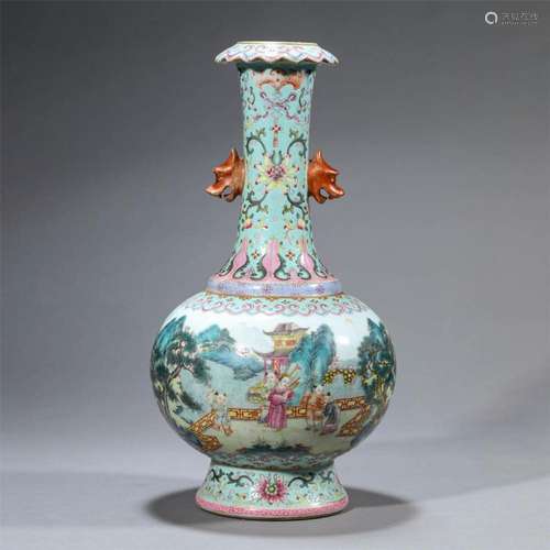 A CHINESE FAMILLE ROSE LANDSCAPE BOTTLE VASE