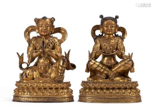 PAIR BRONZE-GILT ACOLYTES