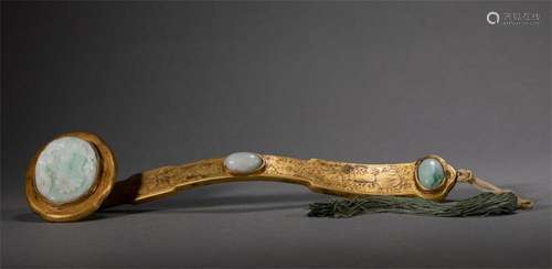 A CHINESE JADEITE PANELS INLAID BRONZE-GILT RUYI SCEPTER