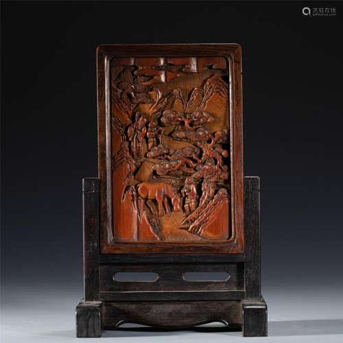 A CHINESE CARVED BAMBOO LANDSCAPE TABLE SCREEN