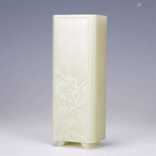 A CHINESE CARVED WHITE JADE SQUARED BRUSHPOT