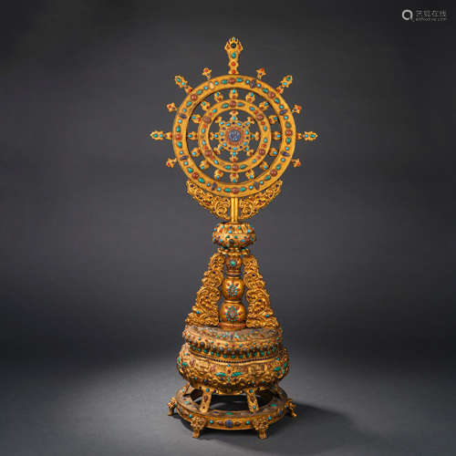 Gilt Bronze Dharma Wheel Inlaid with Hundred Treasures銅鎏金...