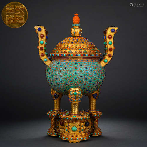 Gilt Gem-Inlaid Three-legged Amphibious Furnace鎏金嵌寶石三足...