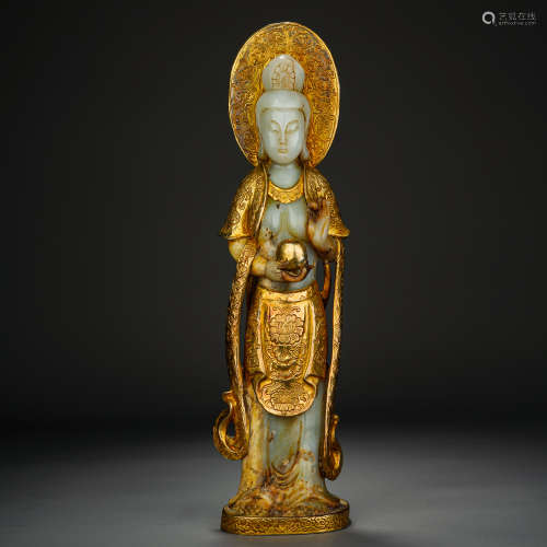 Hetian jade inlaid gilt statue of Bodhisattva和田玉嵌鎏金菩薩...