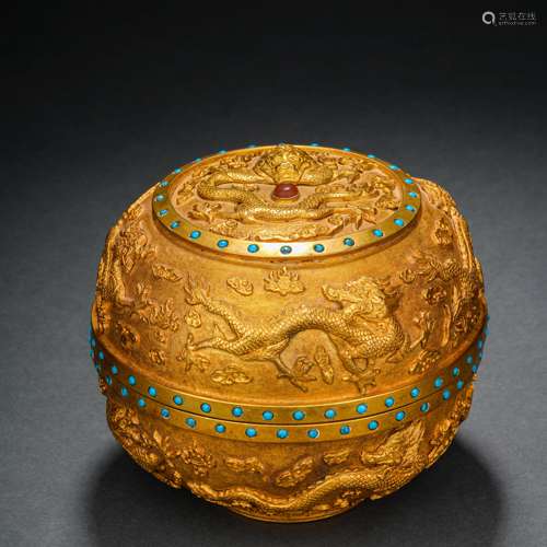 Gilt-copper box with dragon pattern inlaid with gemstones銅鎏...