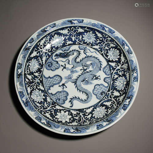 Blue and white auspicious cloud and dragon pattern flower pl...