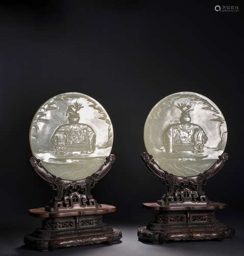 A Pair of Pear Inlaid Hetian Jade Landscape Figures花梨嵌和田...