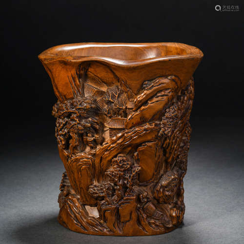 Boxwood Carved Landscape Figure Pen Holder黃楊木雕山水人物筆...